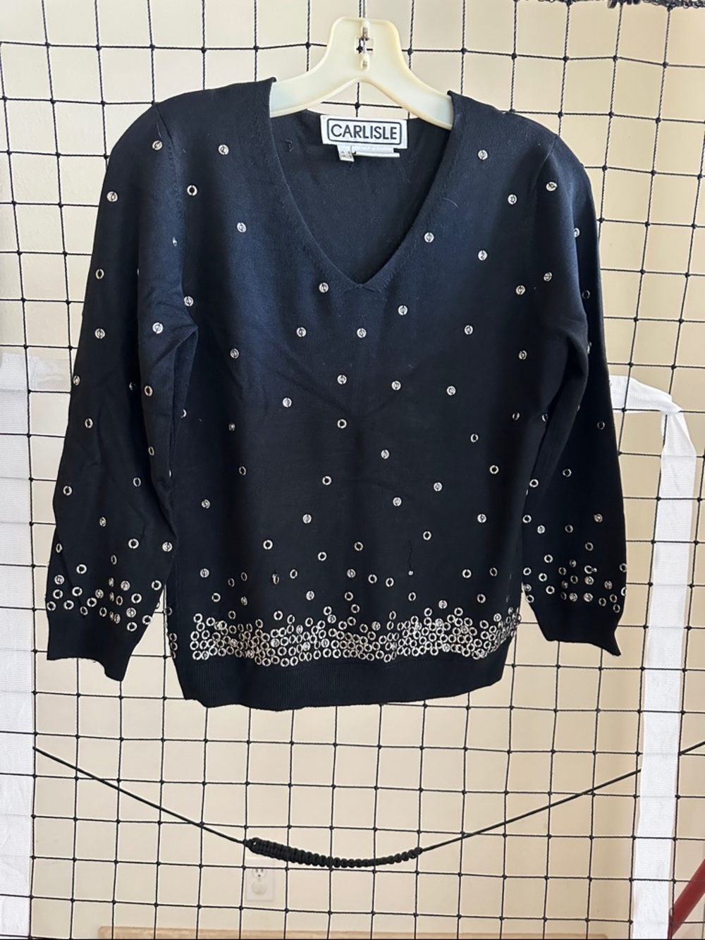 Carlisle Black V-Neck Sweater with Silver Grommet Accents